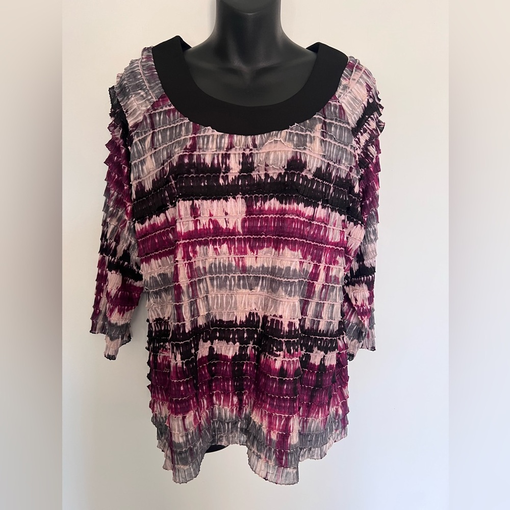 Women's Multicolor Short Ruffled Top with Black Rim Neckline - Elements